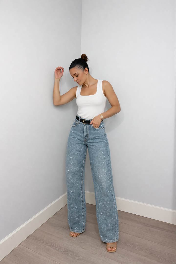 Trendy Women's Glitter Denim Jeans with Wide Legs and High Waist