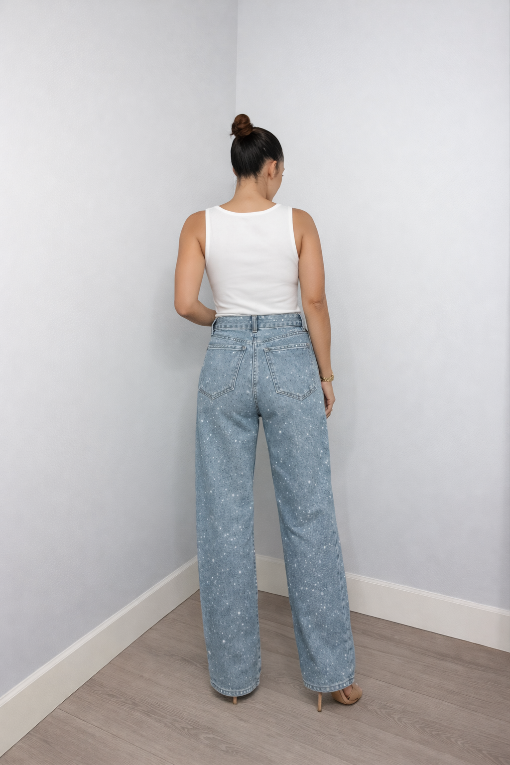 Trendy Women's Glitter Denim Jeans with Wide Legs and High Waist