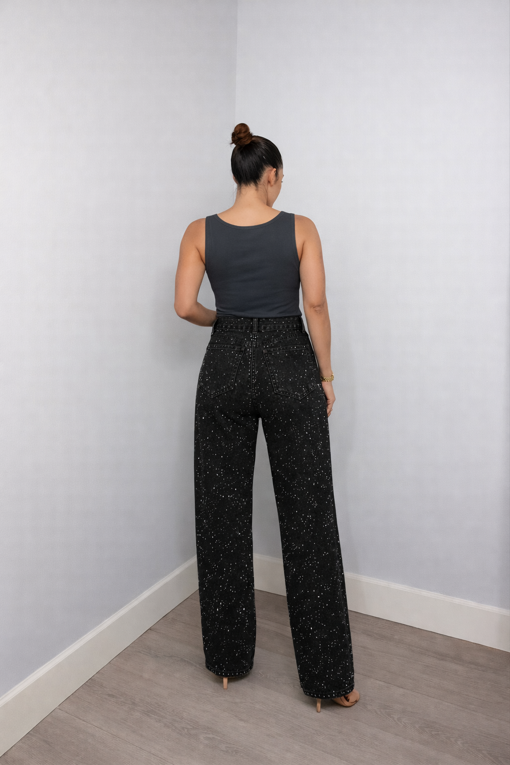 Trendy Women's Glitter Denim Jeans with Wide Legs and High Waist