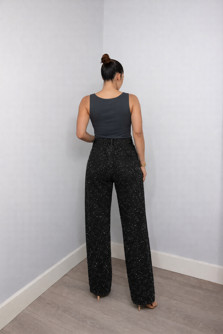 Trendy Women's Glitter Denim Jeans with Wide Legs and High Waist