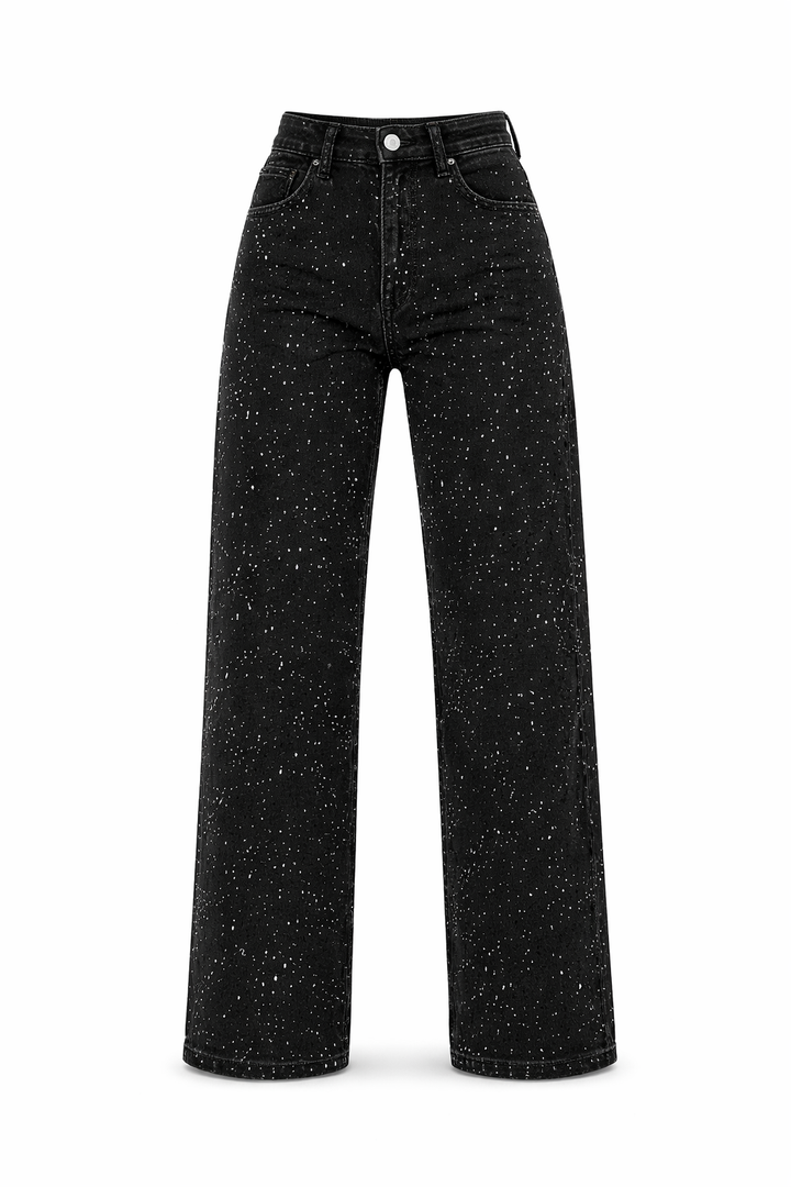 Trendy Women's Glitter Denim Jeans with Wide Legs and High Waist