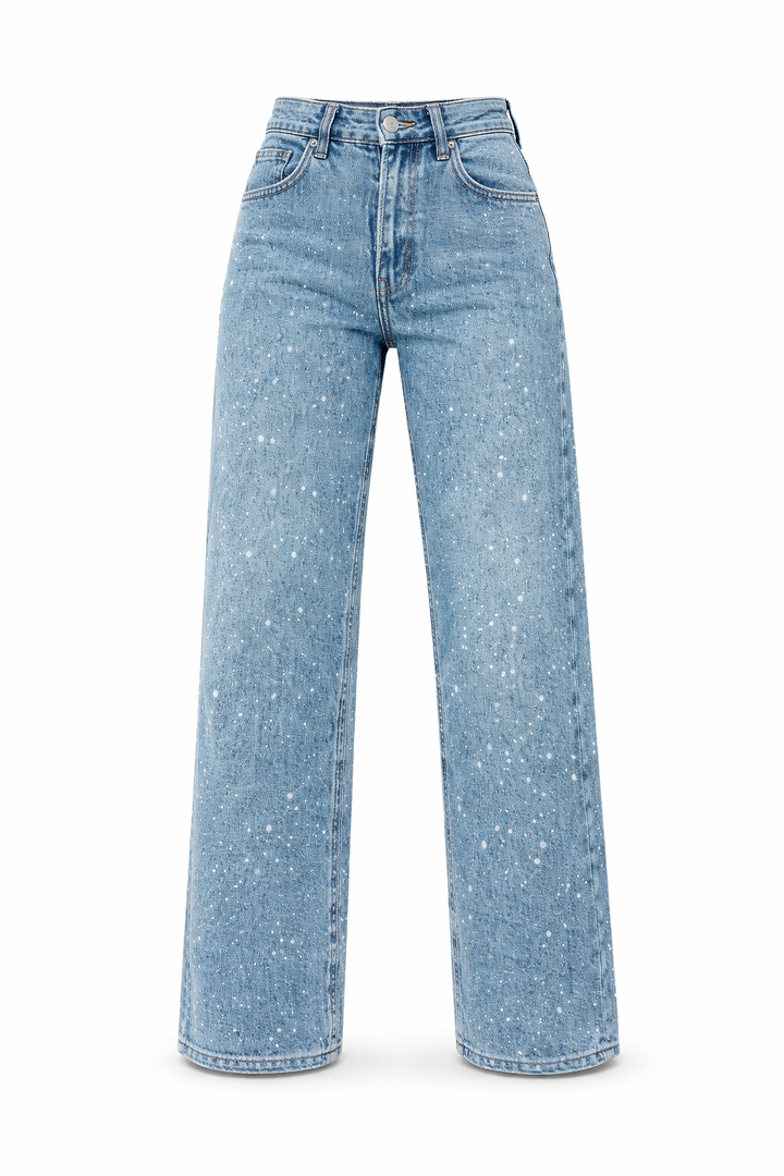 Trendy Women's Glitter Denim Jeans with Wide Legs and High Waist