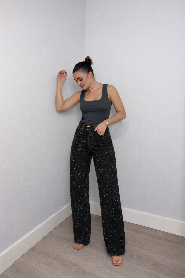 Trendy Women's Glitter Denim Jeans with Wide Legs and High Waist