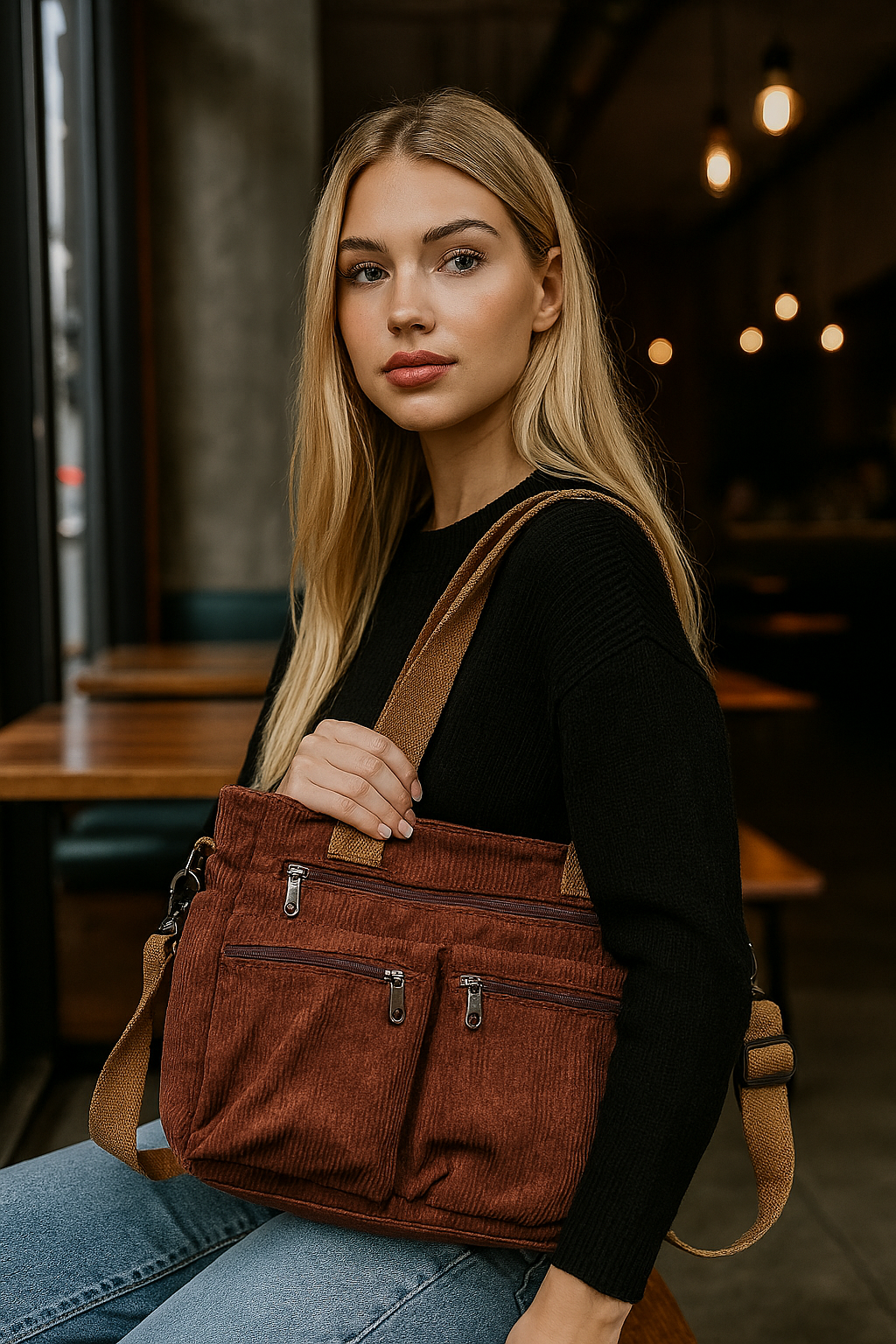 Trendy Corduroy Women's Shoulder Bag with Multiple Compartments