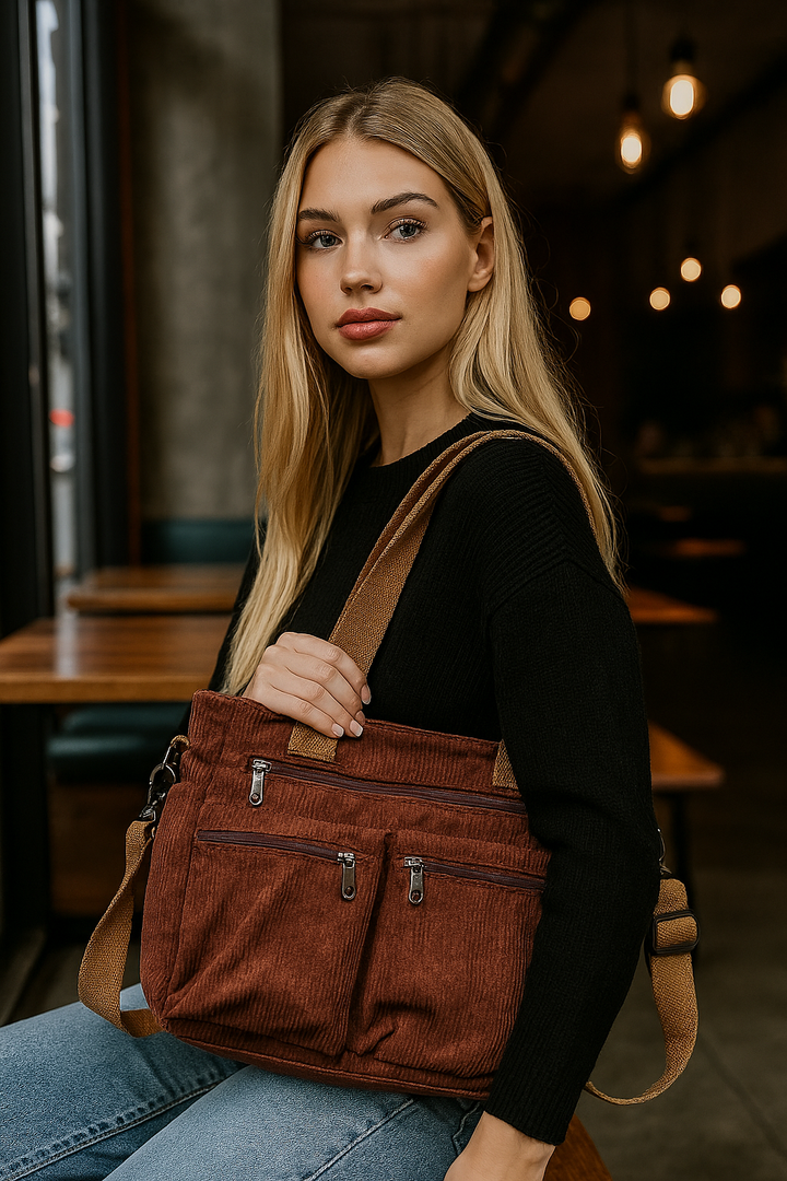 Trendy Corduroy Women's Shoulder Bag with Multiple Compartments