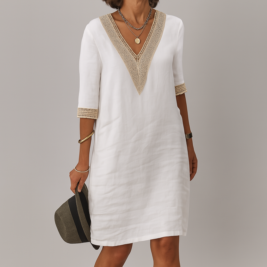 Airy Summer Mini Dress for Women with V Neck and Lace Detail