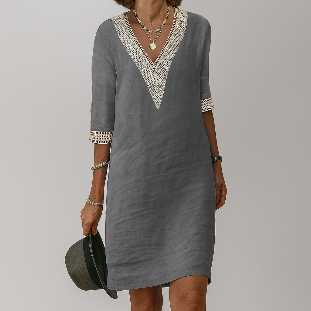 Airy Summer Mini Dress for Women with V Neck and Lace Detail