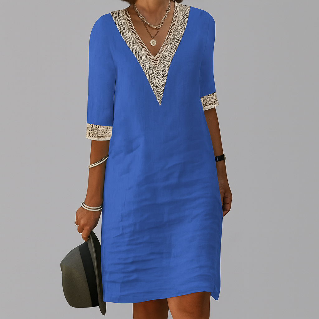 Airy Summer Mini Dress for Women with V Neck and Lace Detail