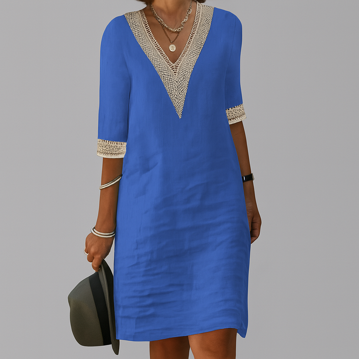 Airy Summer Mini Dress for Women with V Neck and Lace Detail