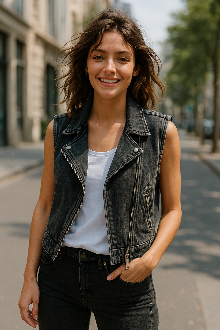 Alcee | Edgy Denim Sleeveless Biker Jacket