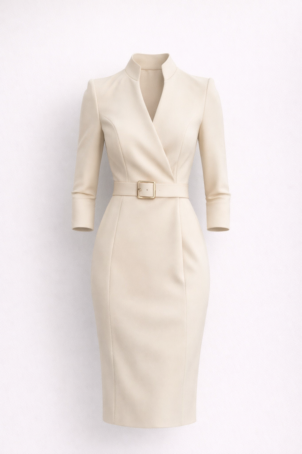 Fitted Women's Midi Dress with Belt and Three-Quarter Sleeves