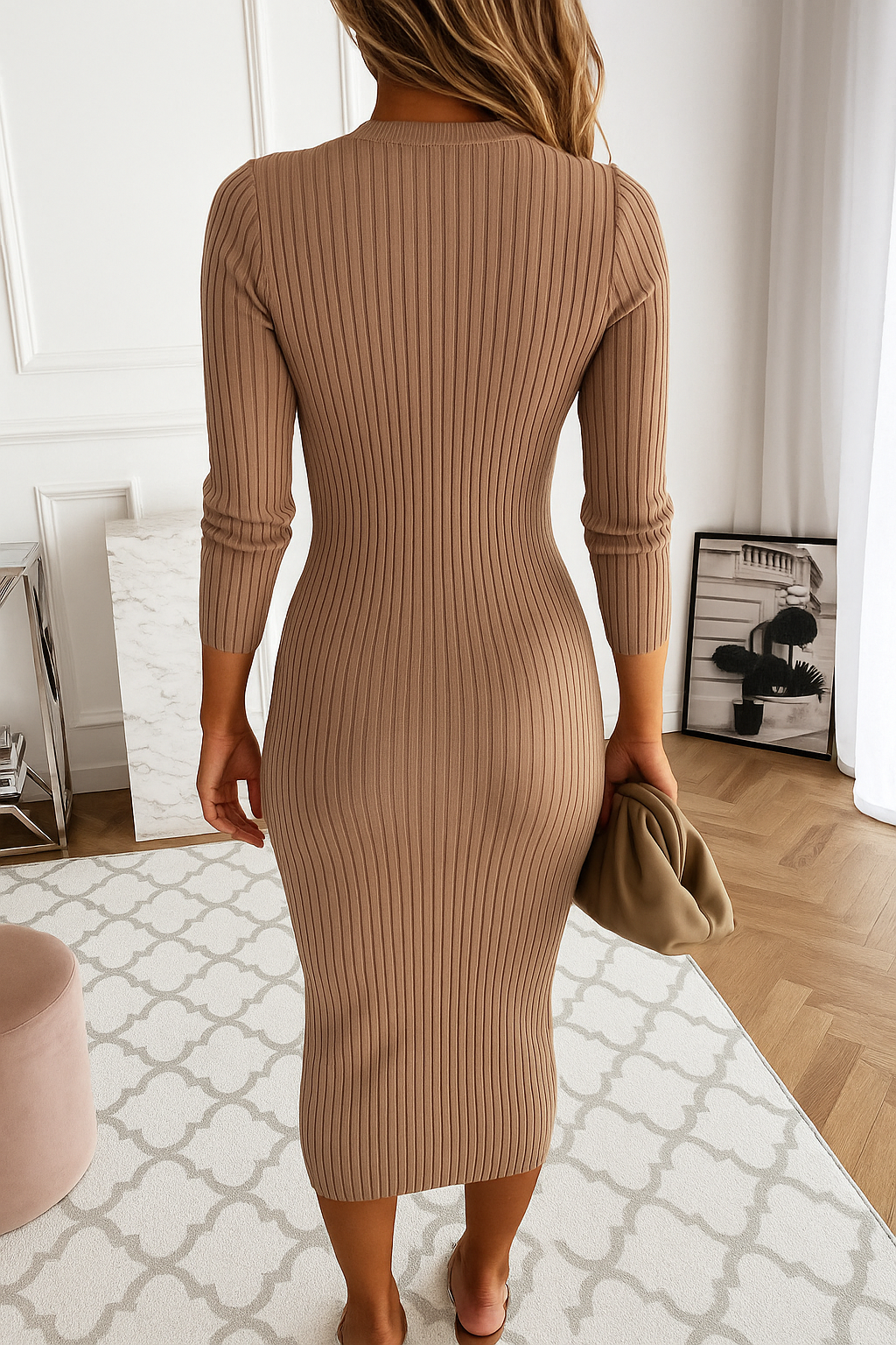 Comfortable stylish women's midi dress with refined ribbed texture