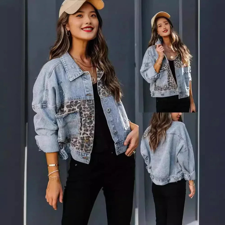 Women's Patchwork Denim Jacket with Leopard Print and Button Closure