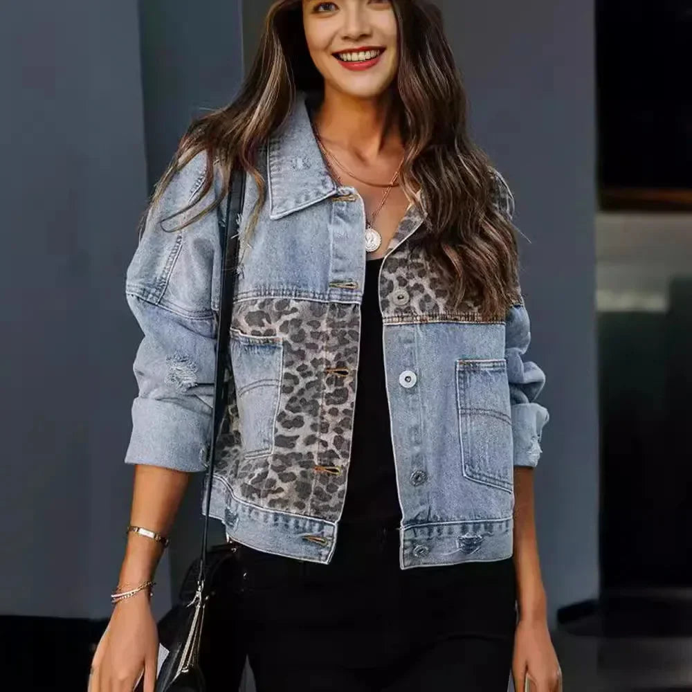Women's Patchwork Denim Jacket with Leopard Print and Button Closure