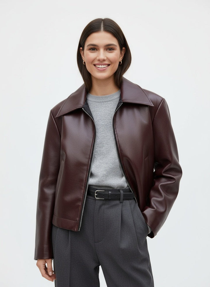 Stylish Oversized Women's Leather Bomber Jacket with Zipper and Classic Collar