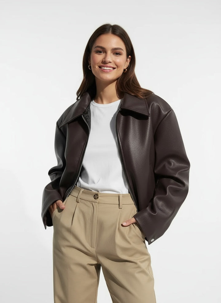 Stylish Oversized Women's Leather Bomber Jacket with Zipper and Classic Collar