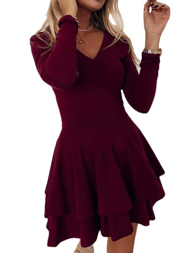 Stylish A-Line Mini Dress with Long Sleeves and V-Neck