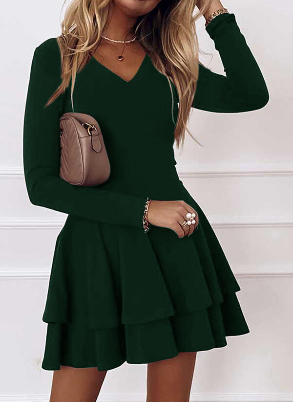 Stylish A-Line Mini Dress with Long Sleeves and V-Neck