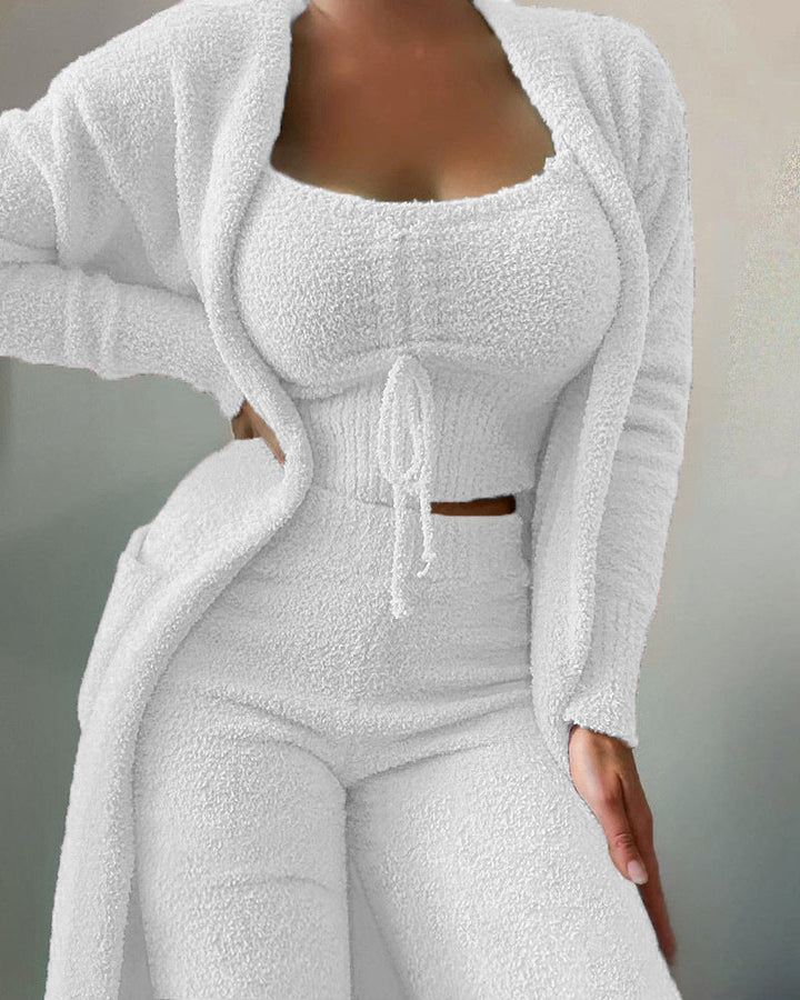 Luxurious 3-Piece Loungewear Set with Cardigan, Crop Top, and Long Pants
