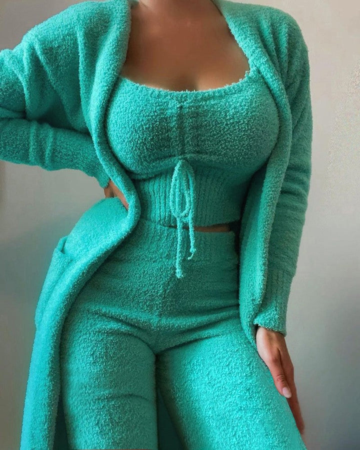 Luxurious 3-Piece Loungewear Set with Cardigan, Crop Top, and Long Pants
