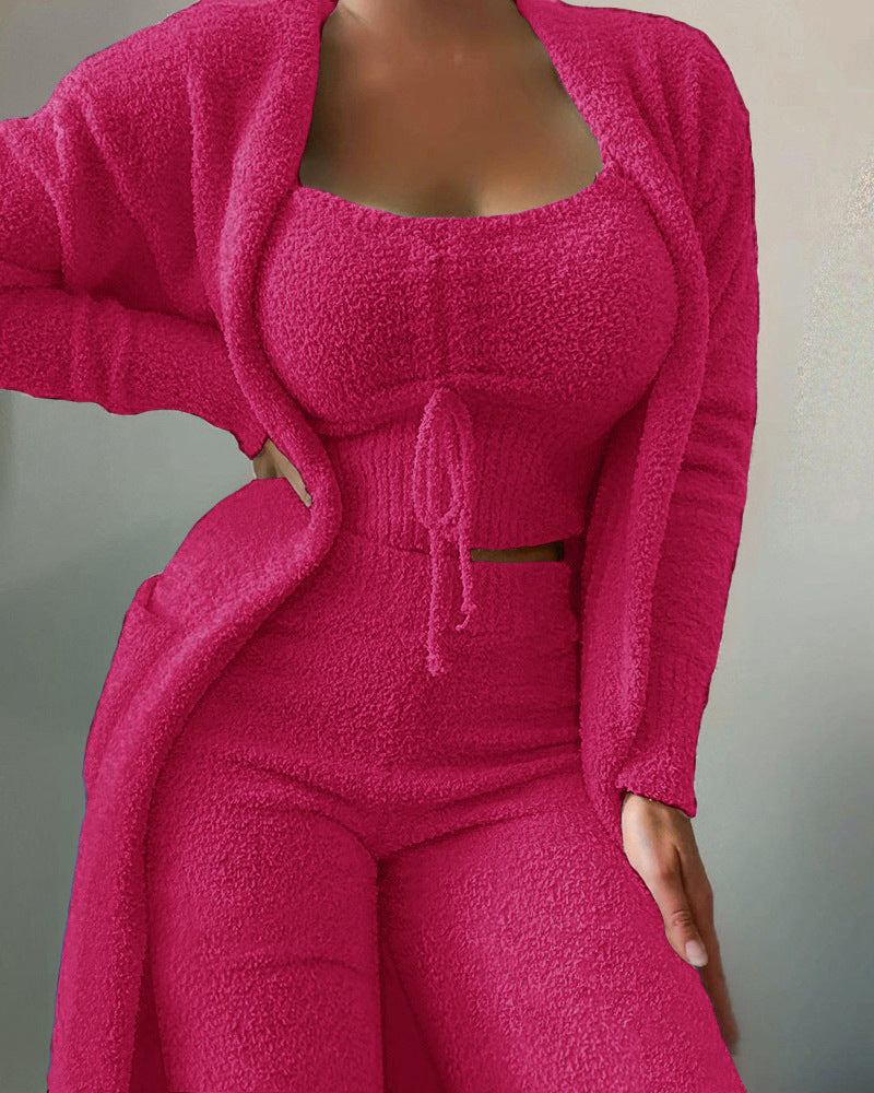 Luxurious 3-Piece Loungewear Set with Cardigan, Crop Top, and Long Pants
