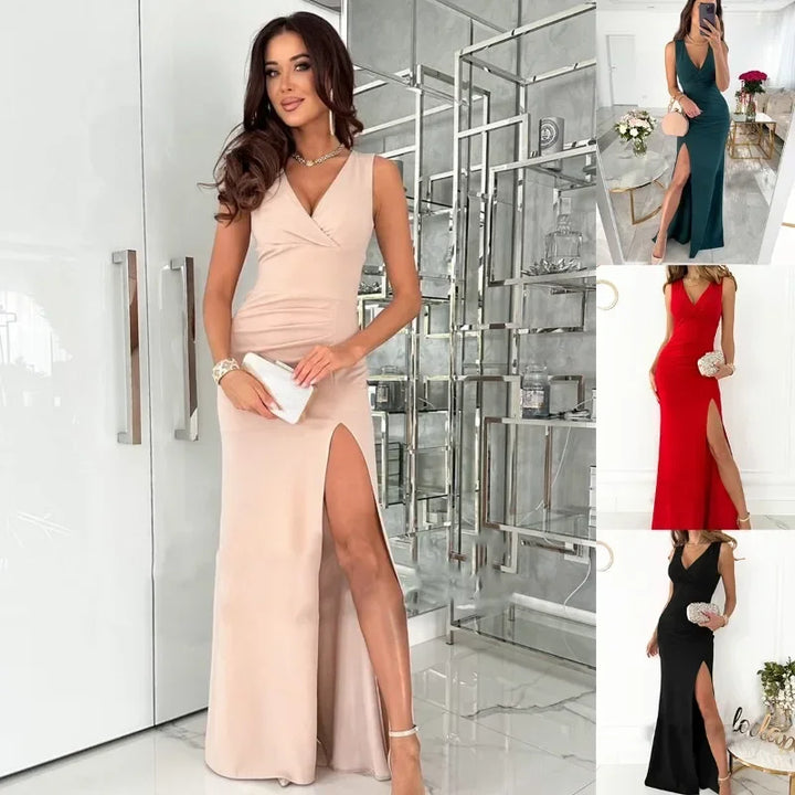 Haya | Sleeveless gala evening dress with V-neck and high slit