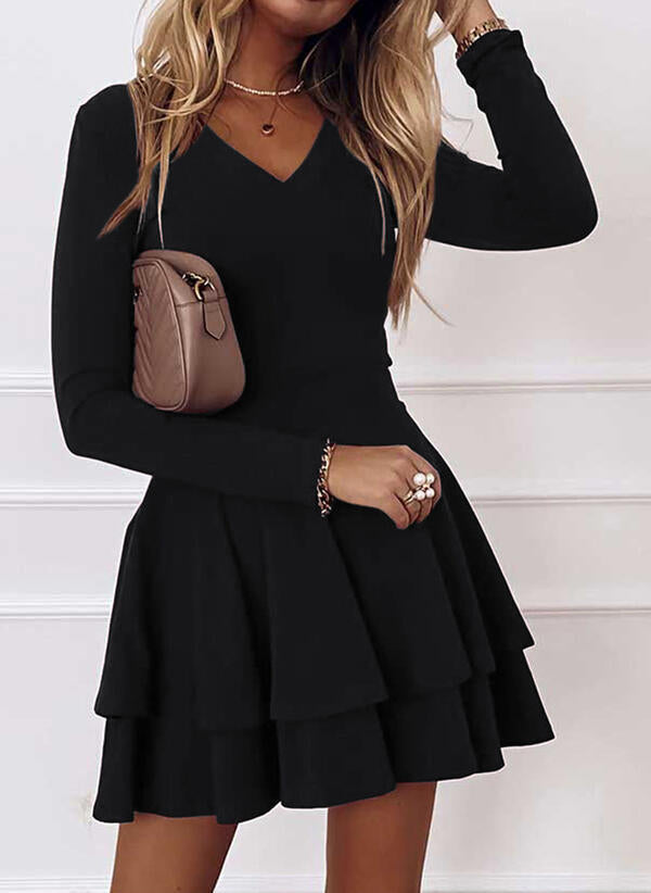 Stylish A-Line Mini Dress with Long Sleeves and V-Neck