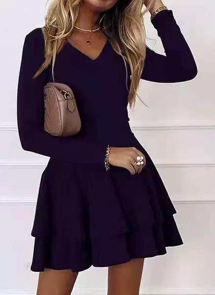 Stylish A-Line Mini Dress with Long Sleeves and V-Neck