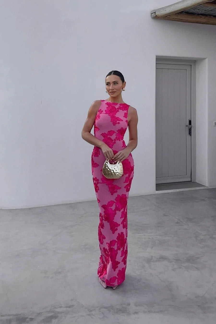 Pink Elegant Bodycon Maxi Dress for Women with Floral Print