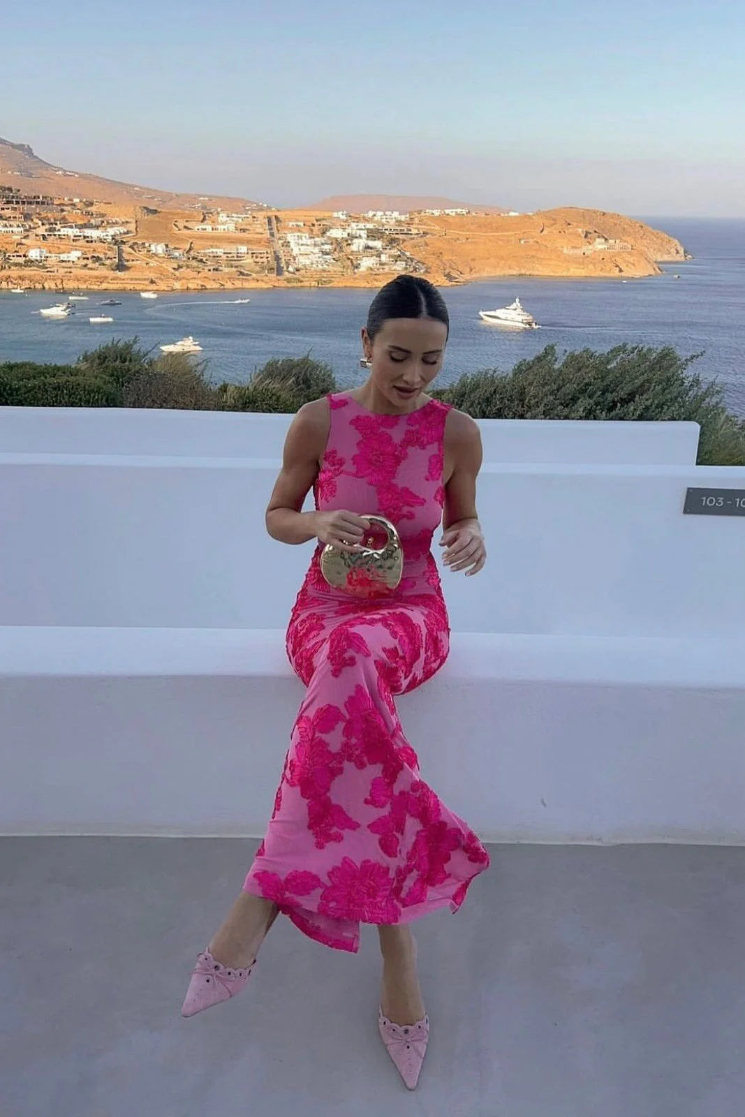 Pink Elegant Bodycon Maxi Dress for Women with Floral Print