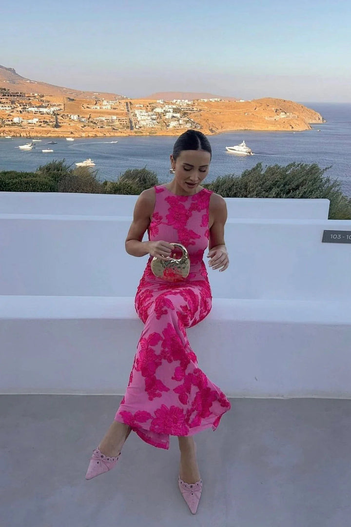 Pink Elegant Bodycon Maxi Dress for Women with Floral Print