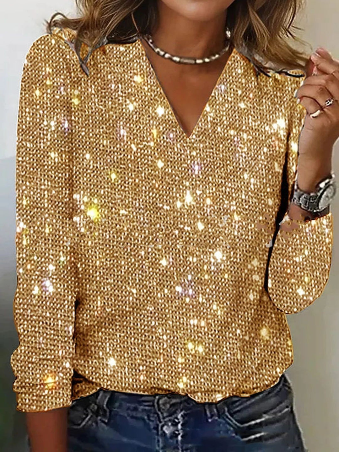 Sparkling Glitter Blouse with V-Neck and Long Sleeves