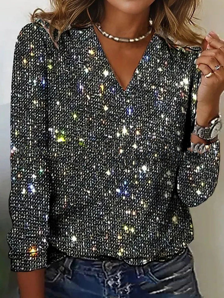 Sparkling Glitter Blouse with V-Neck and Long Sleeves