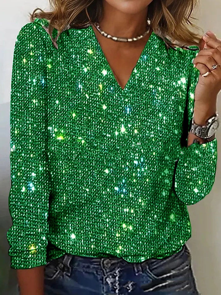 Sparkling Glitter Blouse with V-Neck and Long Sleeves