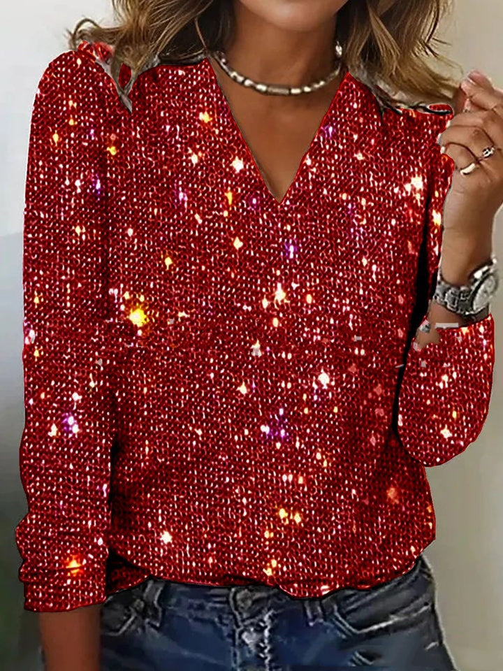 Sparkling Glitter Blouse with V-Neck and Long Sleeves