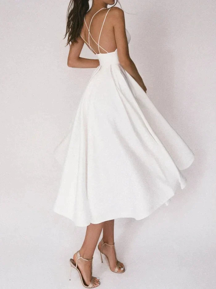 Laurela | Elegant A-Line Midi Dress with Spaghetti Straps