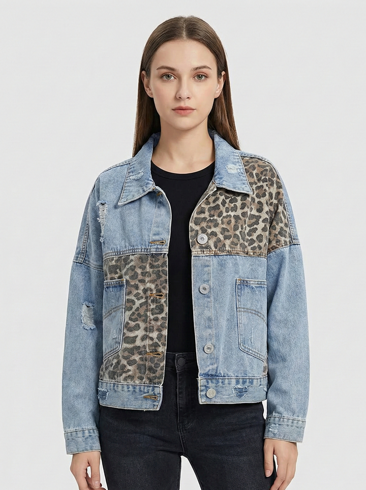 Women's Patchwork Denim Jacket with Leopard Print and Button Closure
