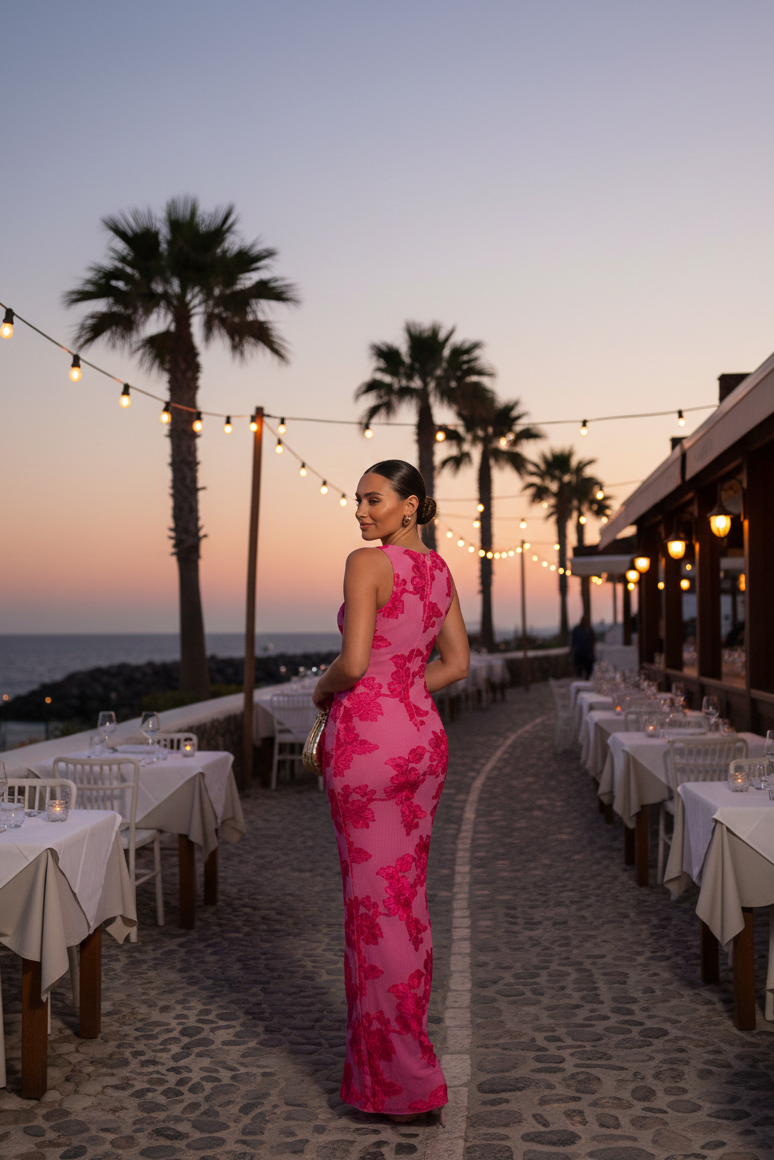 Pink Elegant Bodycon Maxi Dress for Women with Floral Print