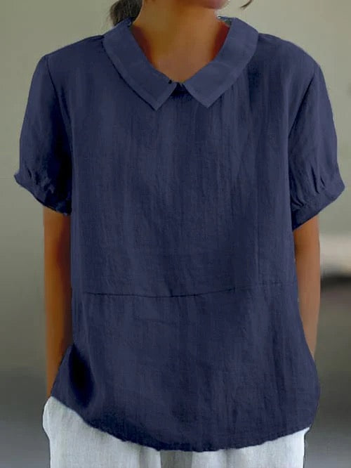 Airy Linen Blouse For Women With Collar And Short Sleeves