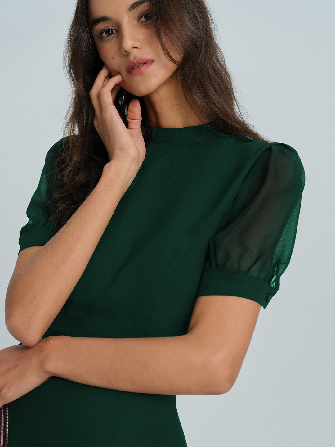Casual Green Women's Chiffon Mini Dress with Slit and Short Sleeves