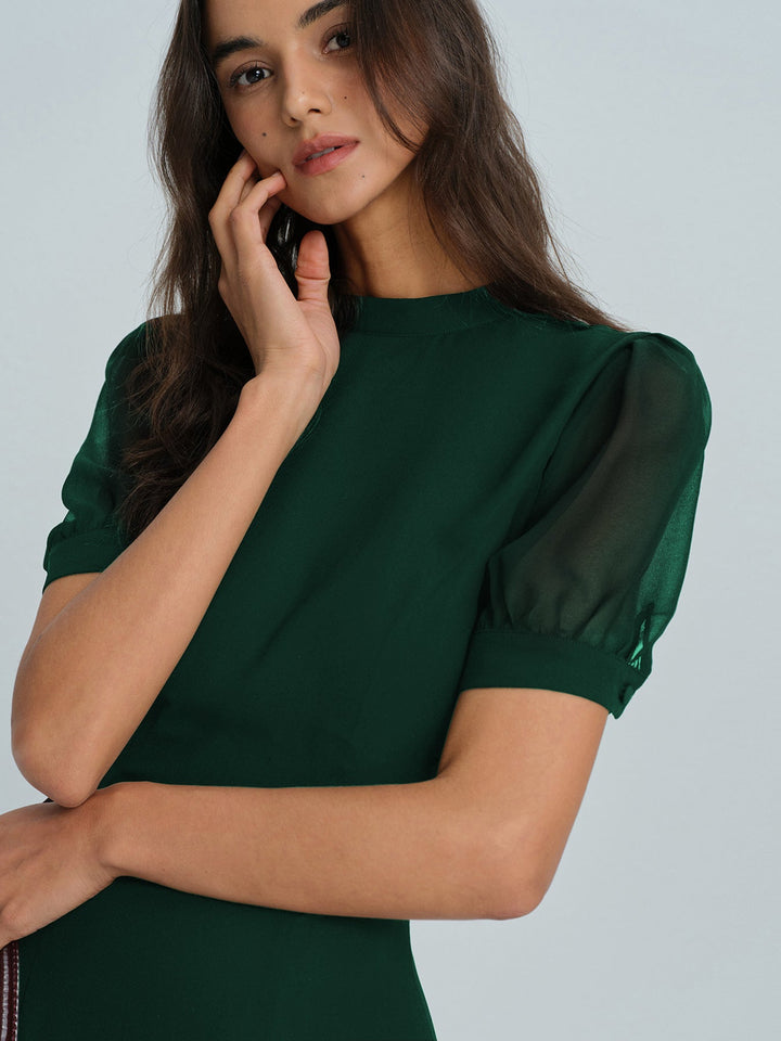 Casual Green Women's Chiffon Mini Dress with Slit and Short Sleeves