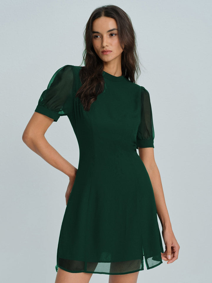 Casual Green Women's Chiffon Mini Dress with Slit and Short Sleeves