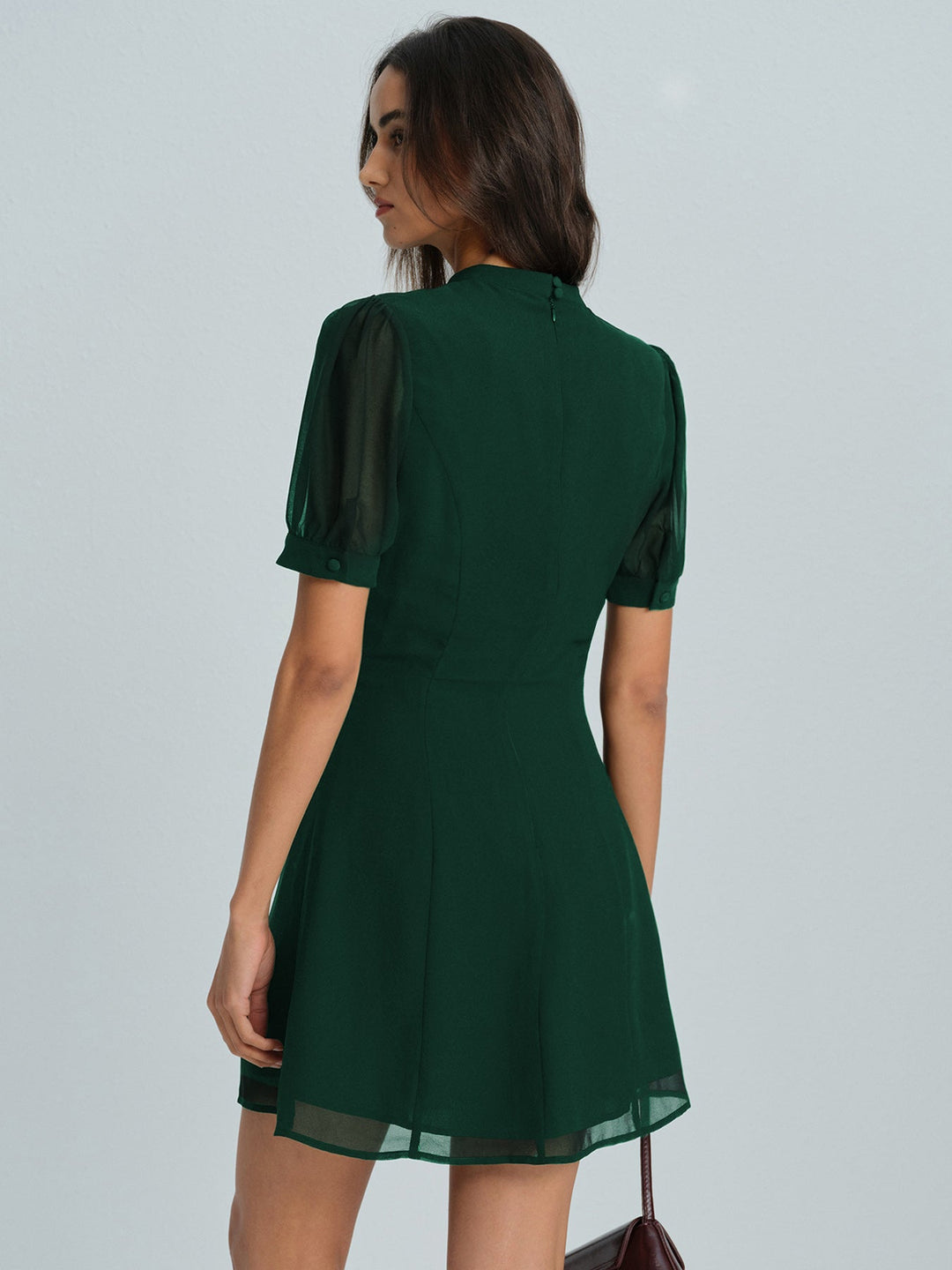 Casual Green Women's Chiffon Mini Dress with Slit and Short Sleeves