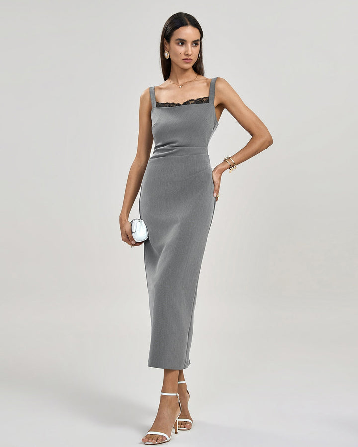 Luxury Gray Women's Bodycon Midi Dress with Lace Detail and Thin Straps
