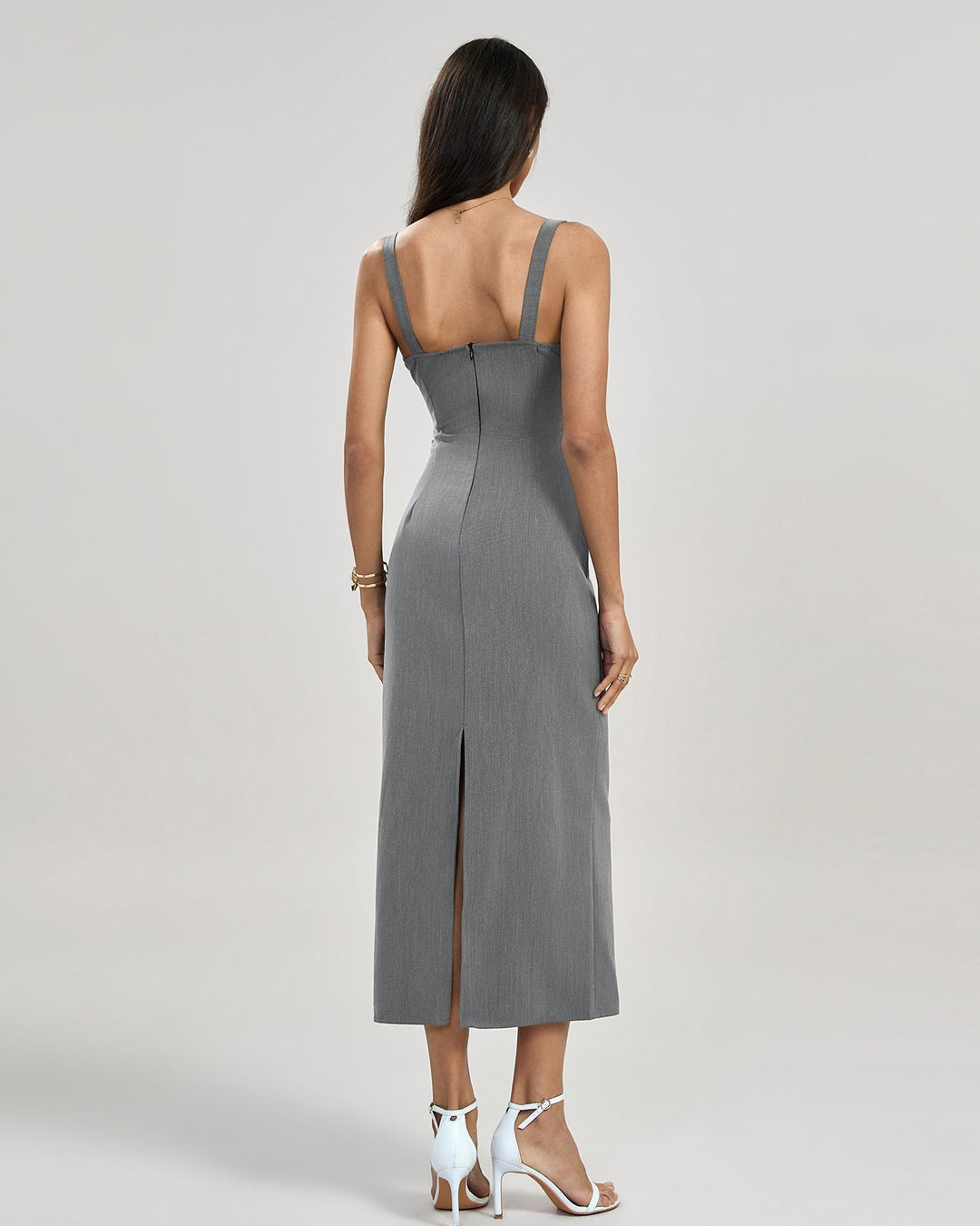 Luxury Gray Women's Bodycon Midi Dress with Lace Detail and Thin Straps