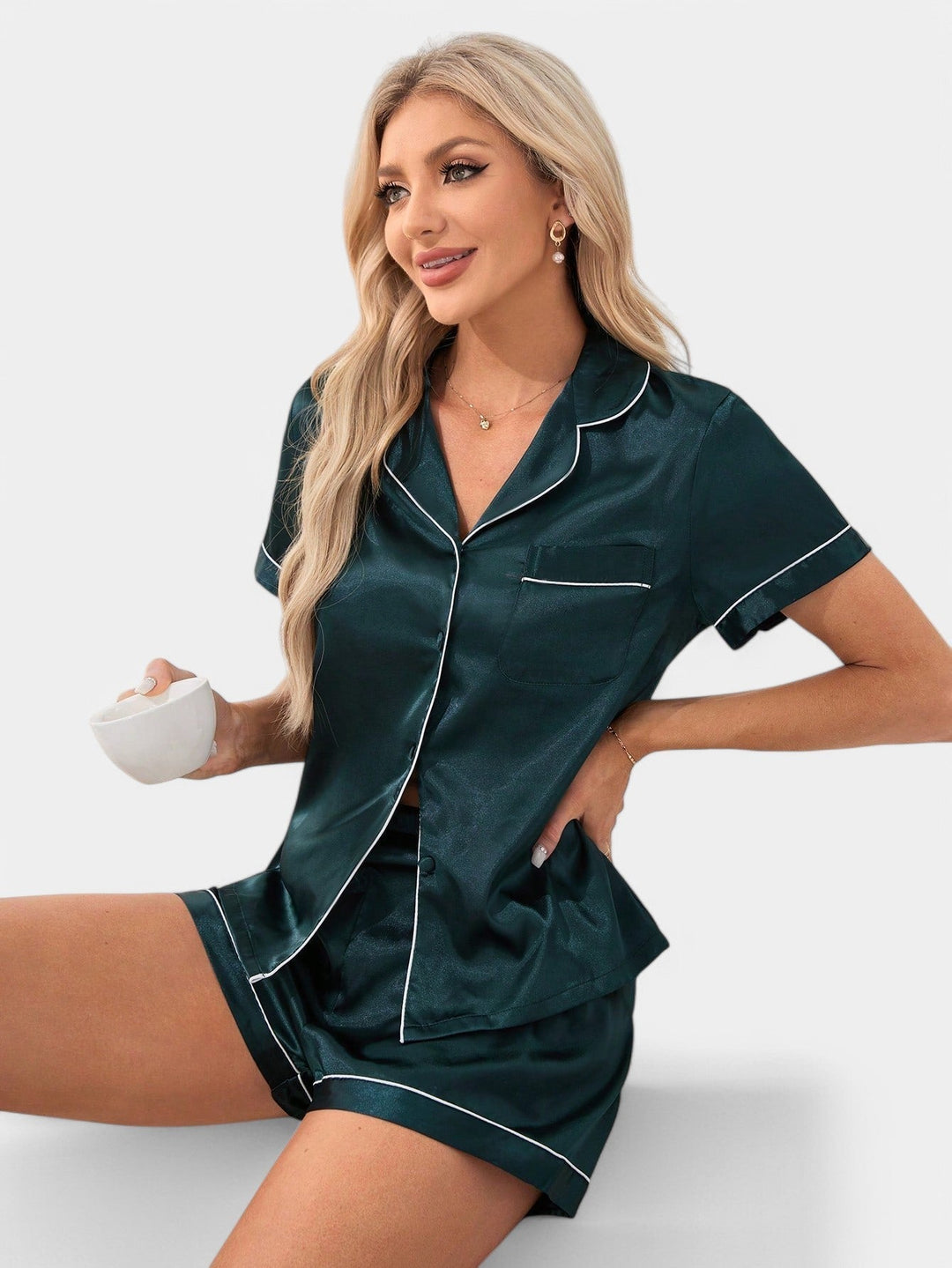 Soft Satin Women's Pajama Set with Short Sleeves and Shorts