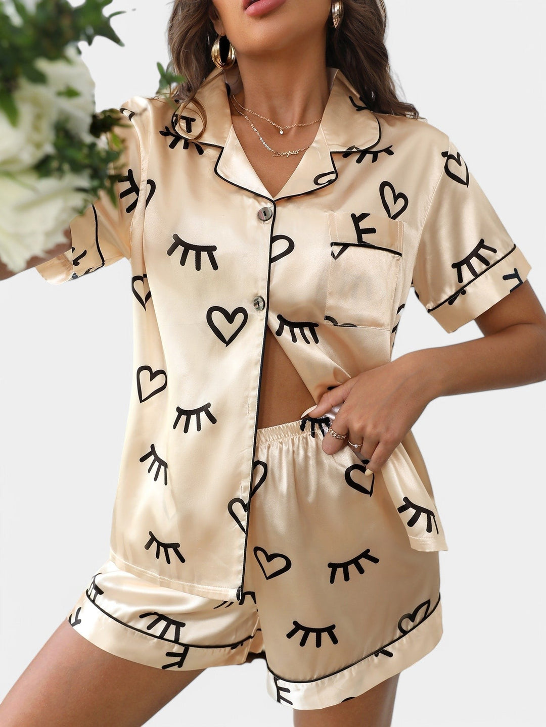 Soft Satin Women's Pajama Set with Short Sleeves and Shorts
