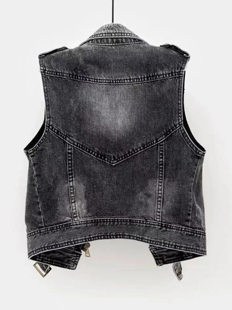 Alcee | Edgy Denim Sleeveless Biker Jacket