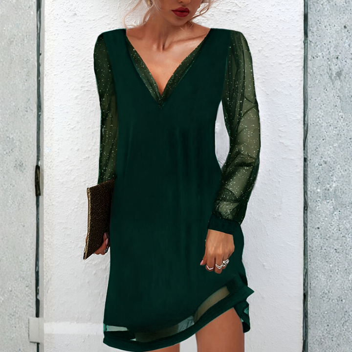 Luxury Women's Mini Dress With Glitter Long Sleeves And V Neck