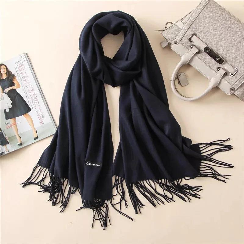 Luxury Warm Cashmere Scarf with Fringe Detail